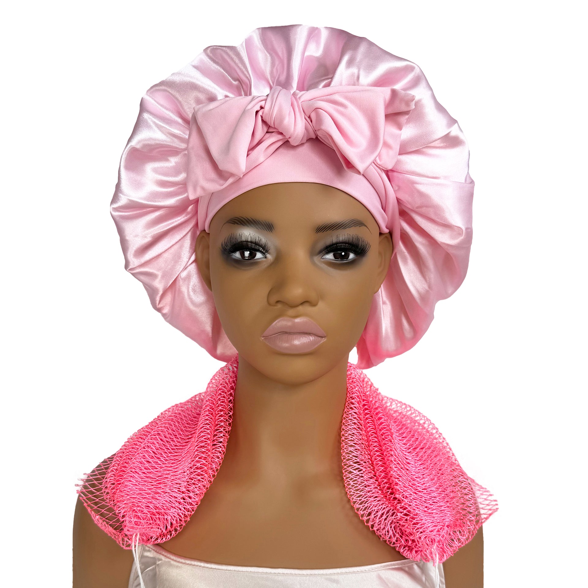 Satin Bonnet + African Exfoliating Net Sponge Set Sleep Cap Hair Care Bonnet Curly Hair