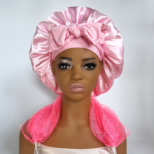 Satin Bonnet + African Exfoliating Net Sponge Set, Sleep Cap Hair Care Bonnet for Curly Hair